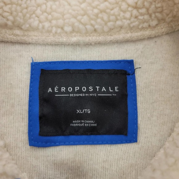 Aeropostale Jacket Mens XL Tan Blue Pockets Full Zip Preppy Sherpa Colorblock - Picture 6 of 11